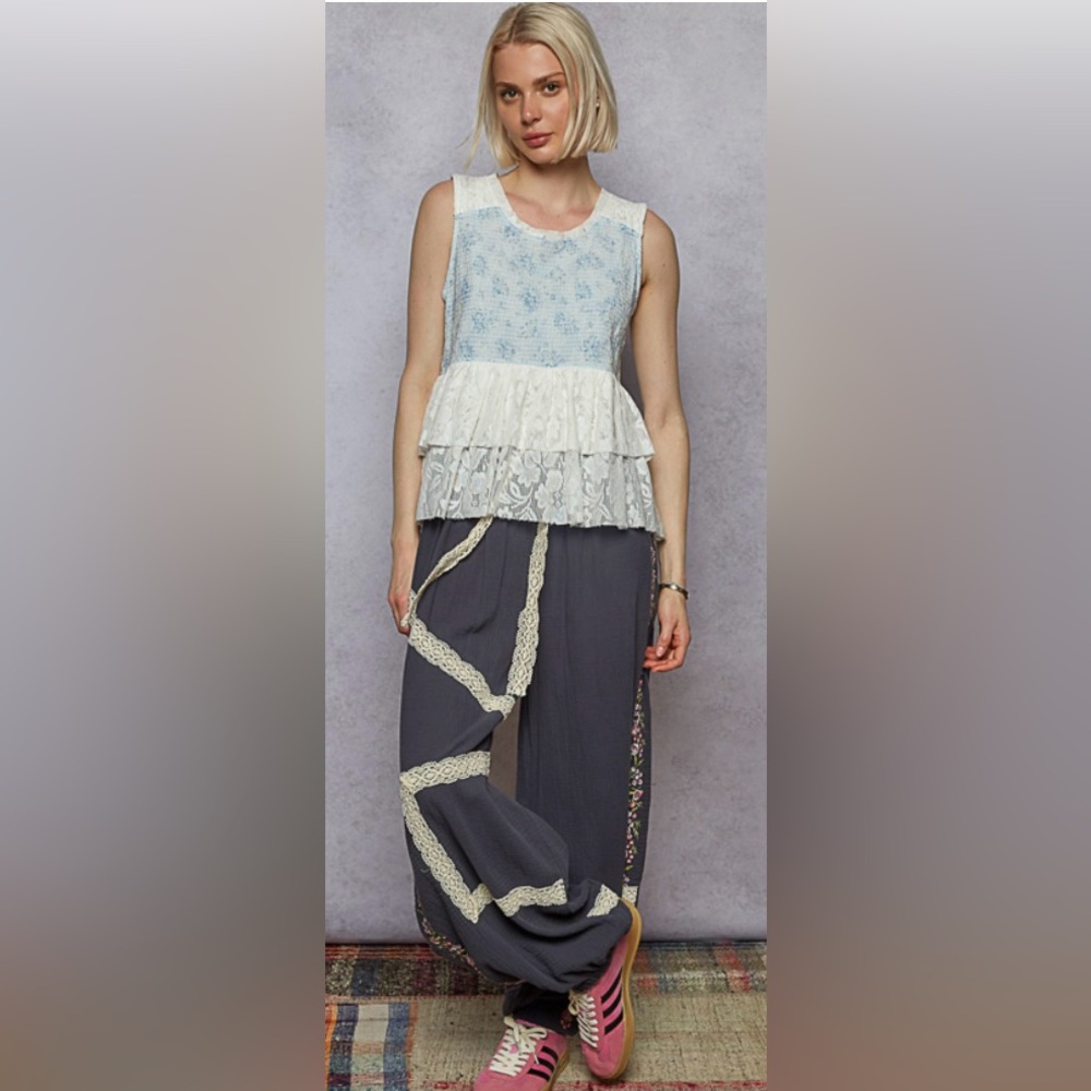 POL round neck sleeveless regular fit top in lace with embroidered print patch